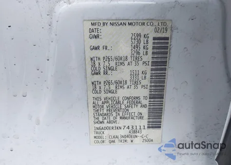 2019 Nissan Frontier Sl z USA, uszkodzony, nr VIN 1N6AD0ER3KN743111